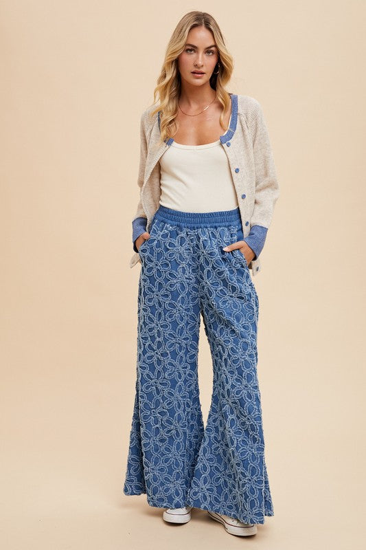 Flower Chenille Denim Palazzo Pant