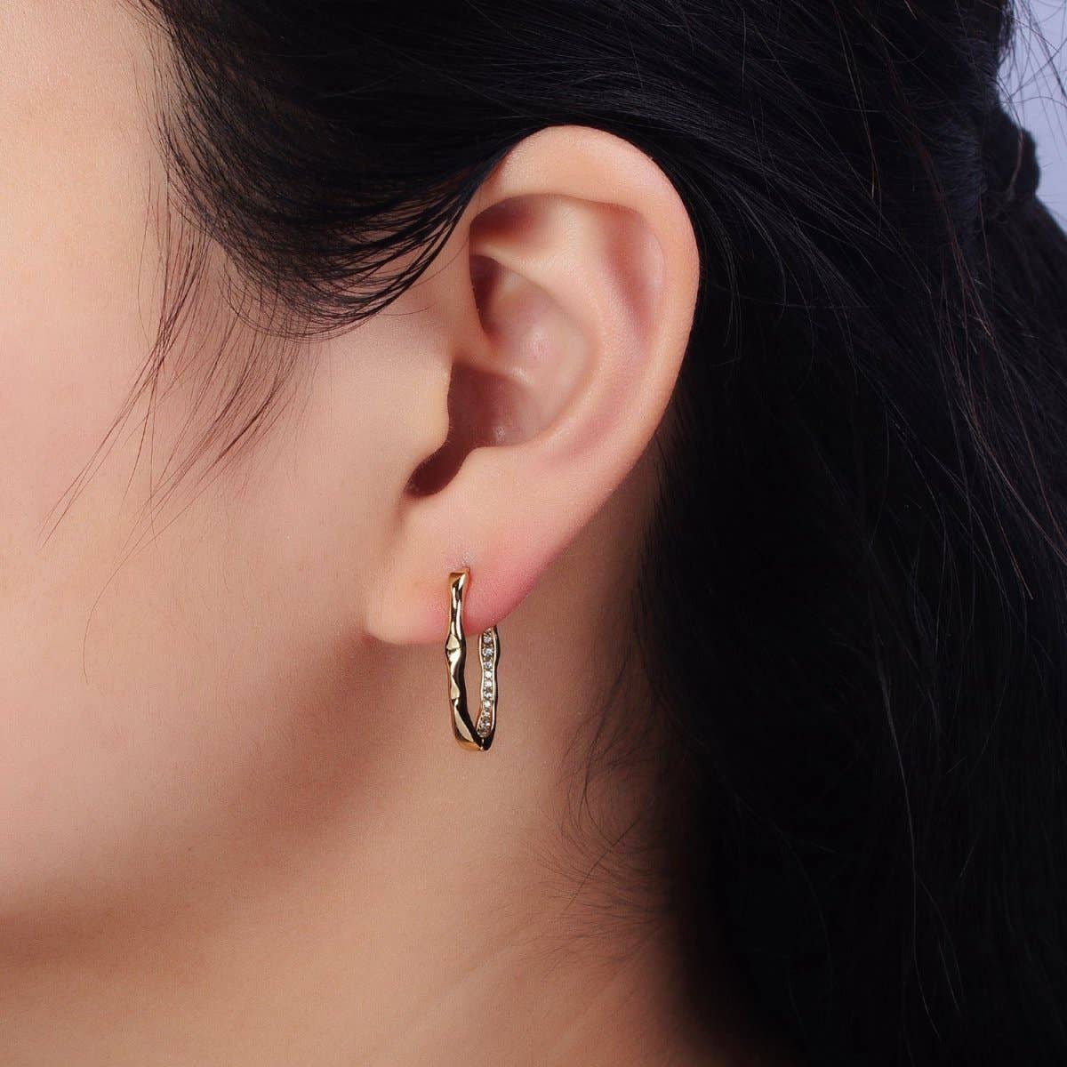 Hammered Geometric Micro Paved Hoop Earrings
