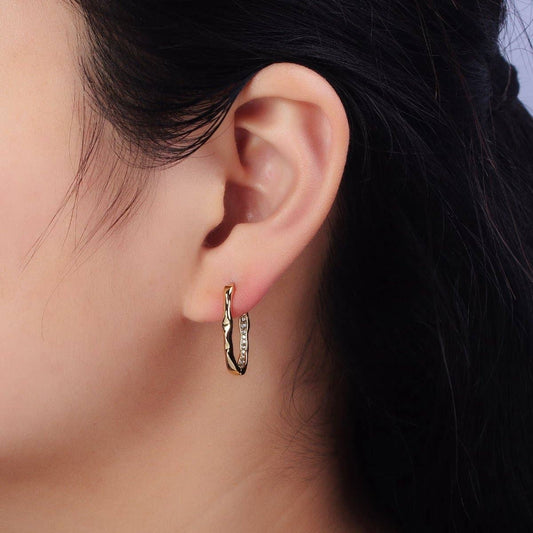 Hammered Geometric Micro Paved Hoop Earrings