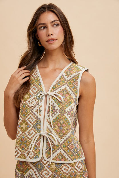 Woven Jacquard Tie Front Vest