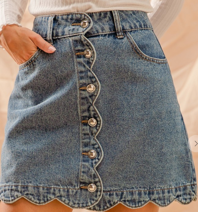 Scallop Button Front Denim Skirt