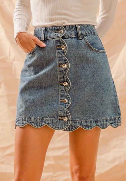 Scallop Button Front Denim Skirt