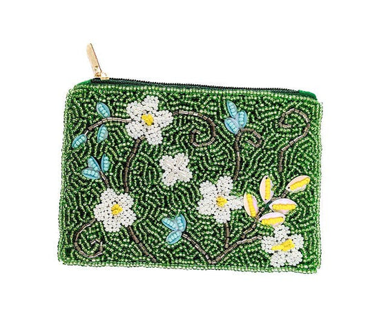 White Flowers Beaded Coin Purse