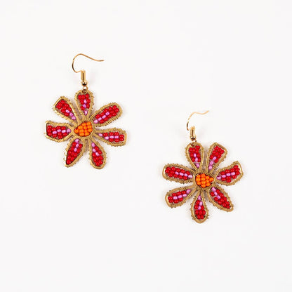 Beaded Daisy Earrings: Red